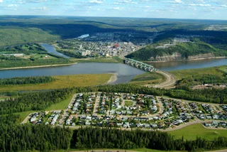 Aerial drone view of Tourmaline Oil Corp natural gas operations in northwestern Alberta Peace River area