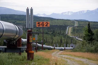 Trans-Alaska Pipeline System winding through Alaska wilderness on snow-covered support stanchions