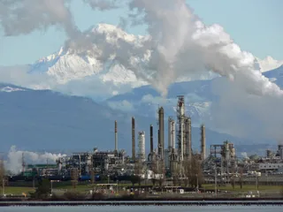 Aerial view of the Anacortes crude oil refinery with petroleum storage tanks in western Washington State