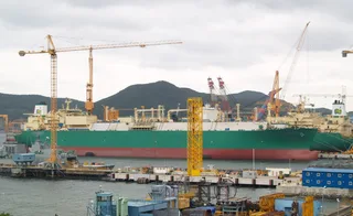 Two LNG natural gas carrier vessels under construction at a Korean DSME shipyard