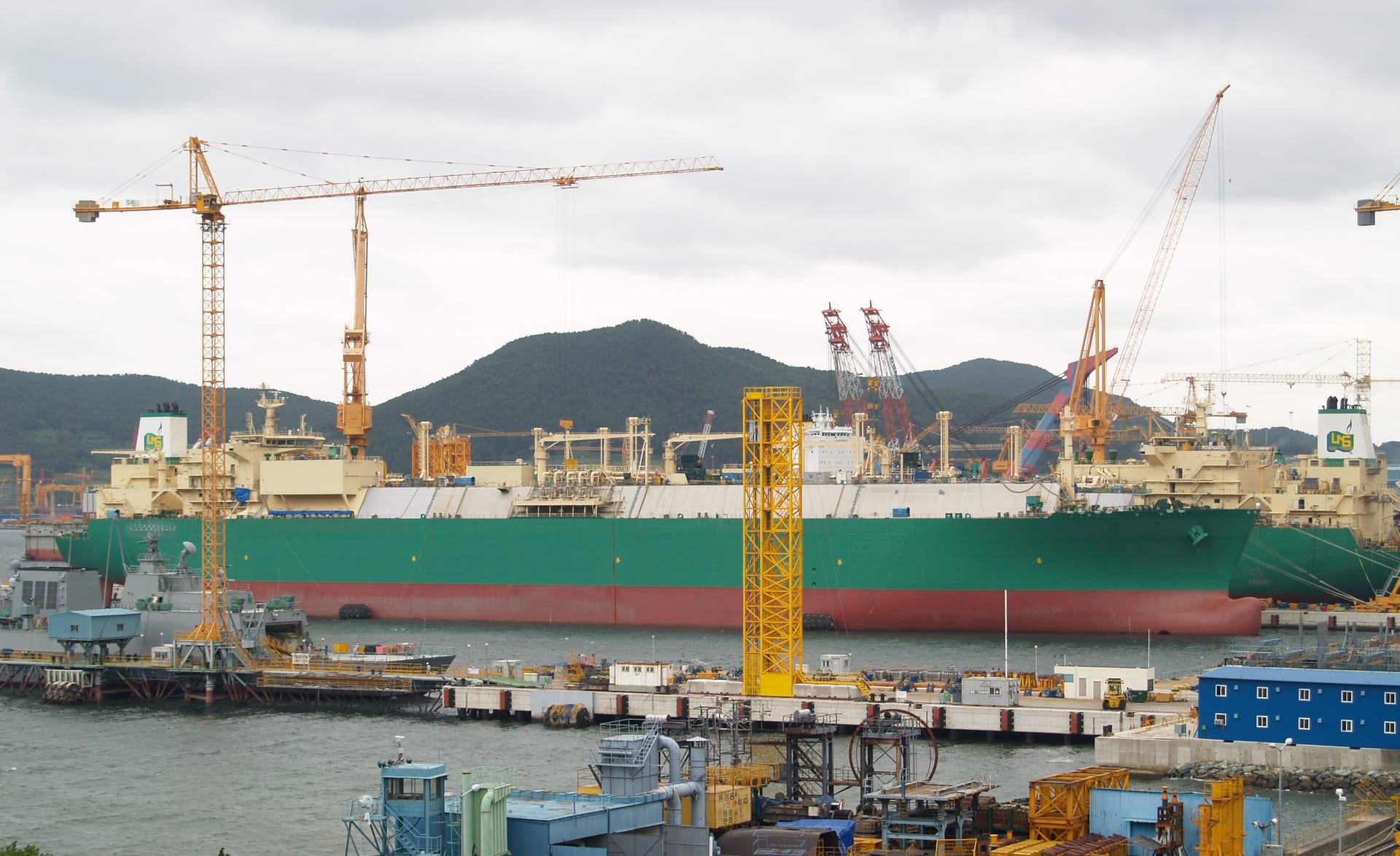 Two LNG natural gas carrier vessels under construction at a Korean DSME shipyard