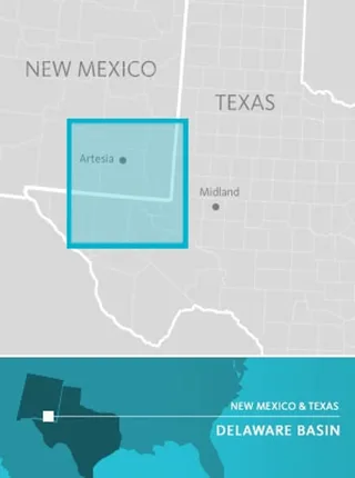 Devon Energy Delaware Basin operational map showing core acreage in New Mexico and Texas