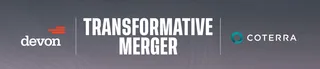 Devon Energy and Coterra Energy merger announcement graphic showing combined company branding and key transaction terms