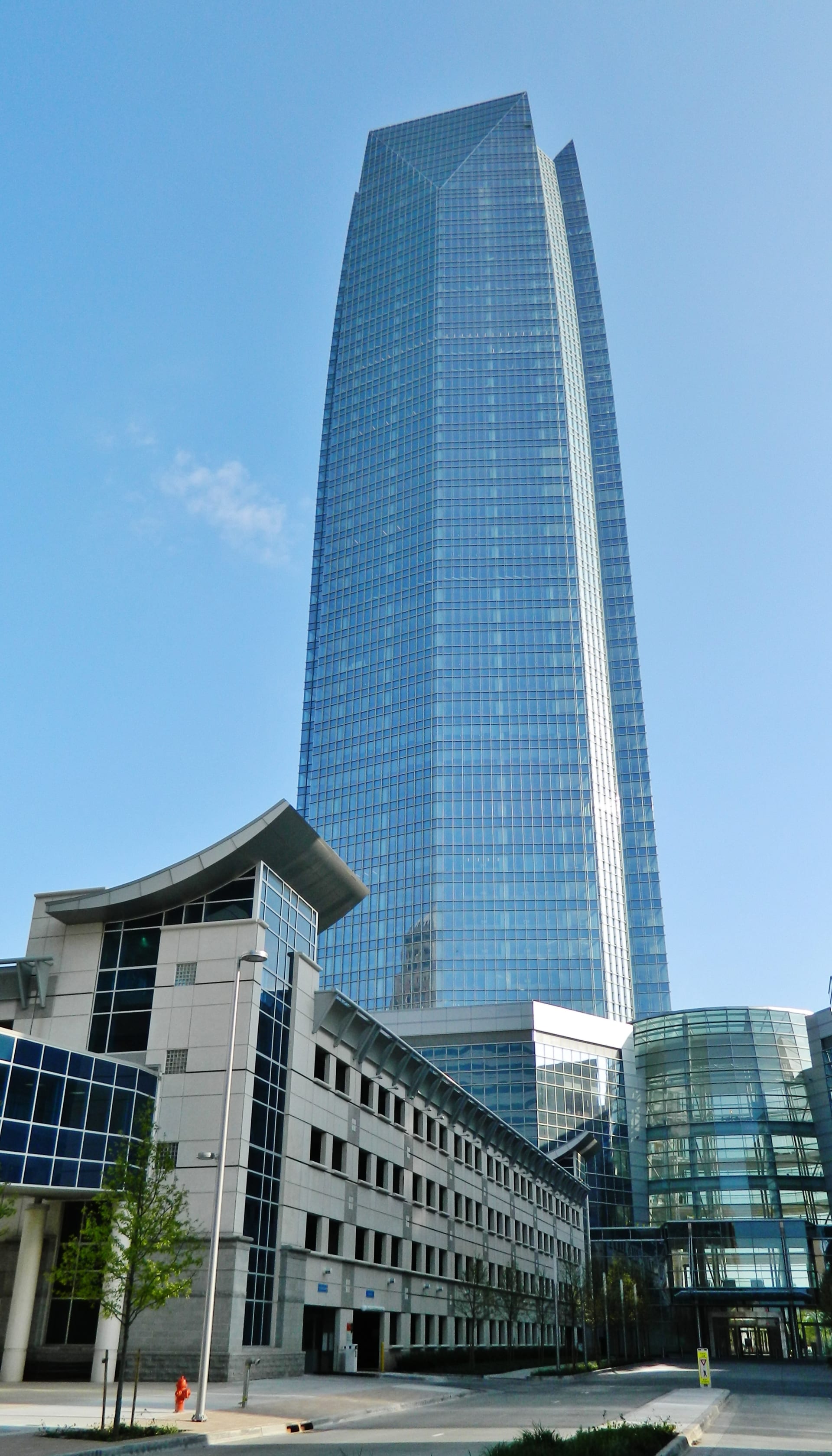 Devon Energy Center headquarters tower in downtown Oklahoma City reflecting against the skyline