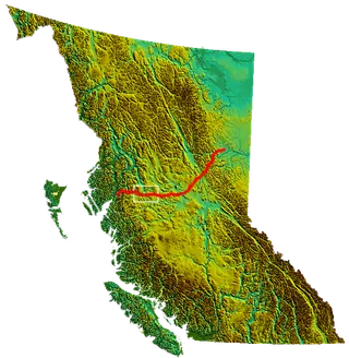 Relief map of British Columbia showing the Coastal GasLink pipeline route to Kitimat