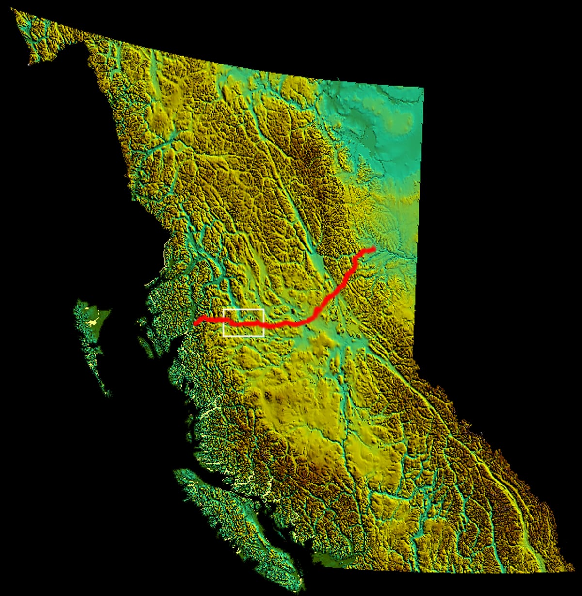 Relief map of British Columbia showing the Coastal GasLink pipeline route to Kitimat