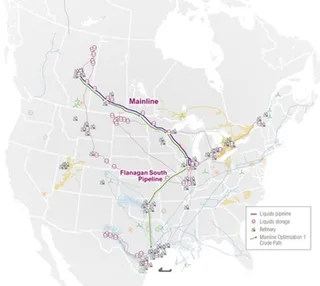 Enbridge Mainline and Flanagan South Pipeline infrastructure map showing Alberta crude route to US refineries