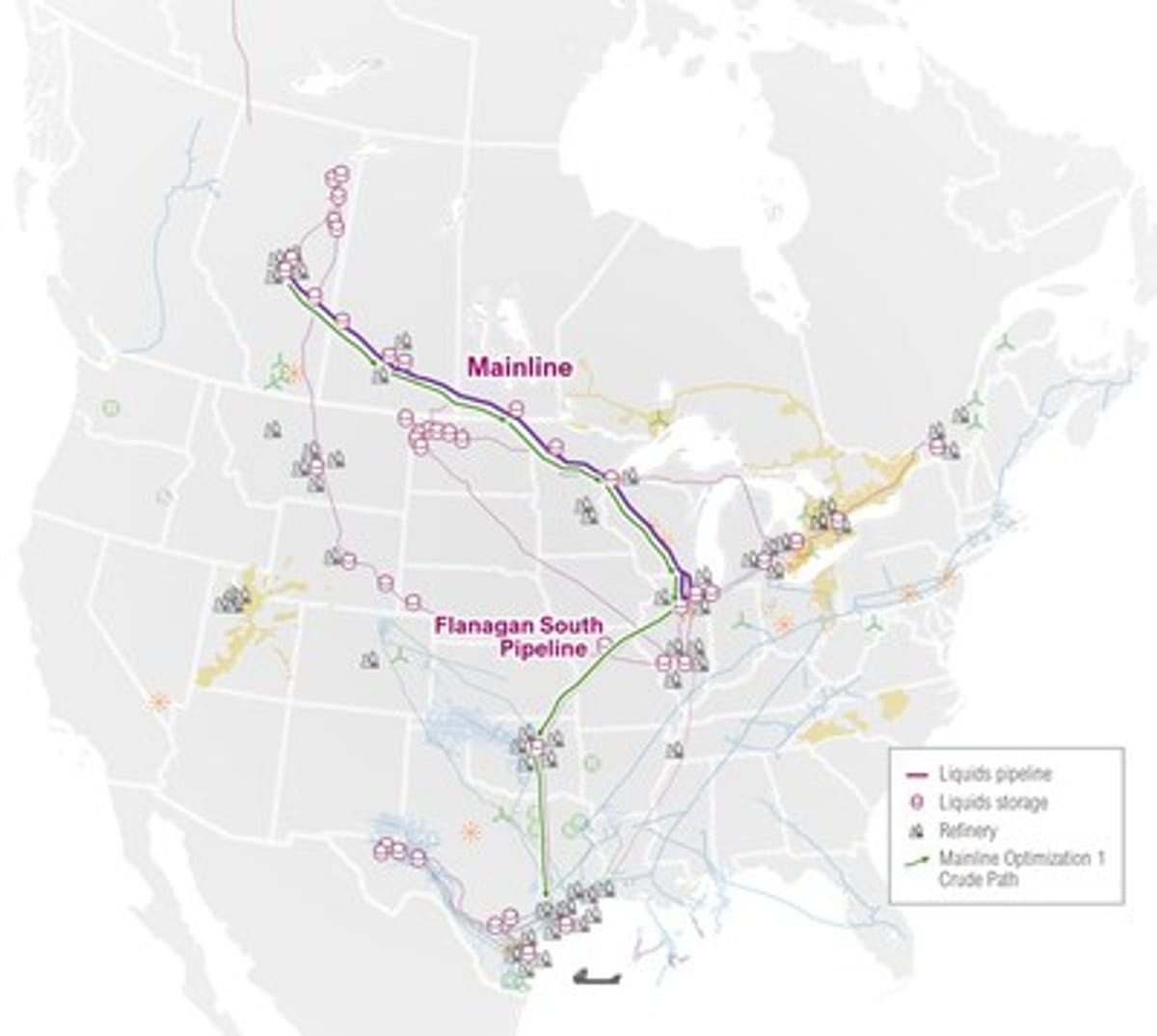 Enbridge Mainline and Flanagan South Pipeline infrastructure map showing Alberta crude route to US refineries