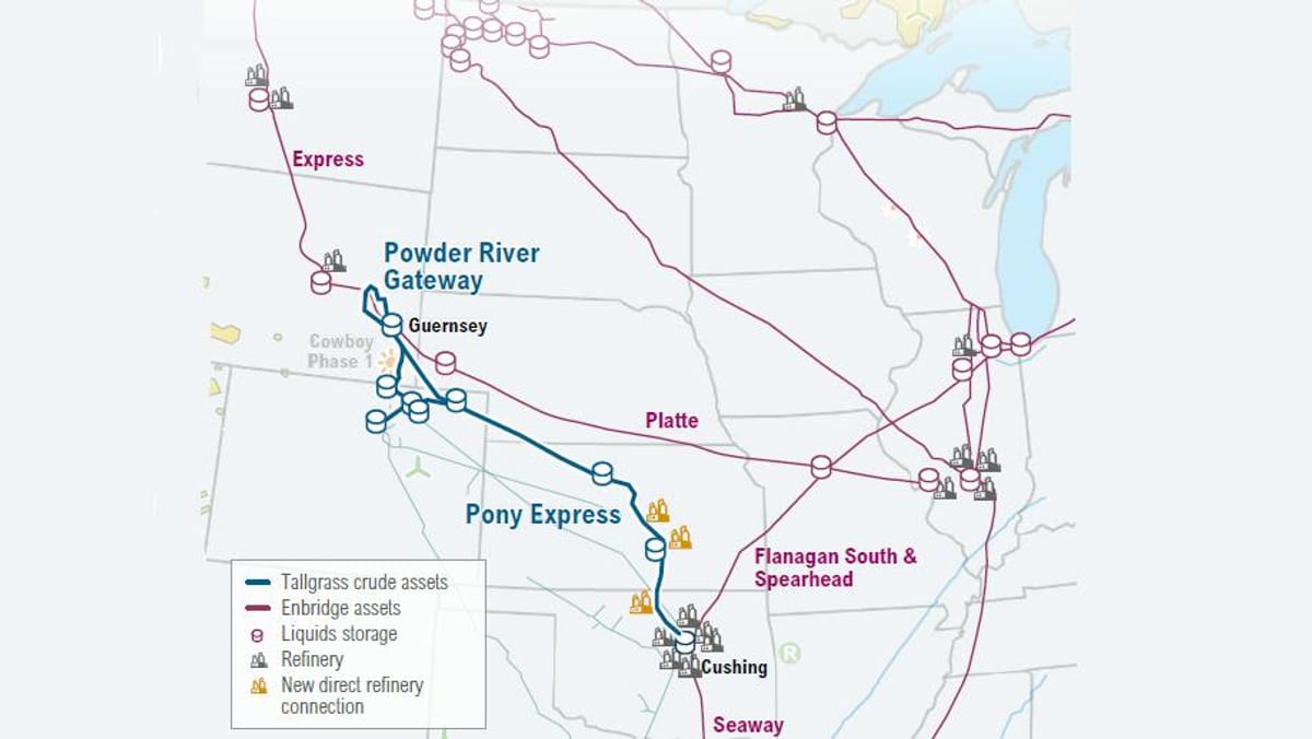 Map showing Pony Express Pipeline and Powder River Gateway routes from Wyoming to Cushing Oklahoma