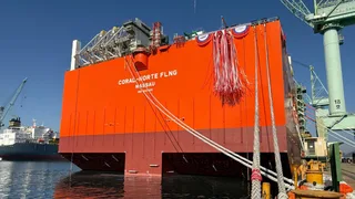 Coral North FLNG vessel during hull launch at Hyundai Heavy Industries shipyard in Geoje South Korea January 2026