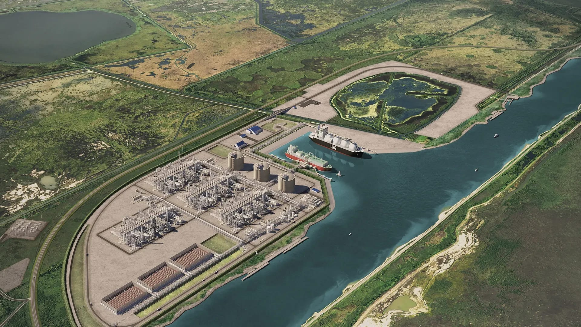 Artist rendering of Port Arthur LNG Phase 2 liquefaction terminal in Jefferson County Texas