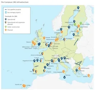 Map of operational and planned LNG import terminals across Europe showing terminal locations