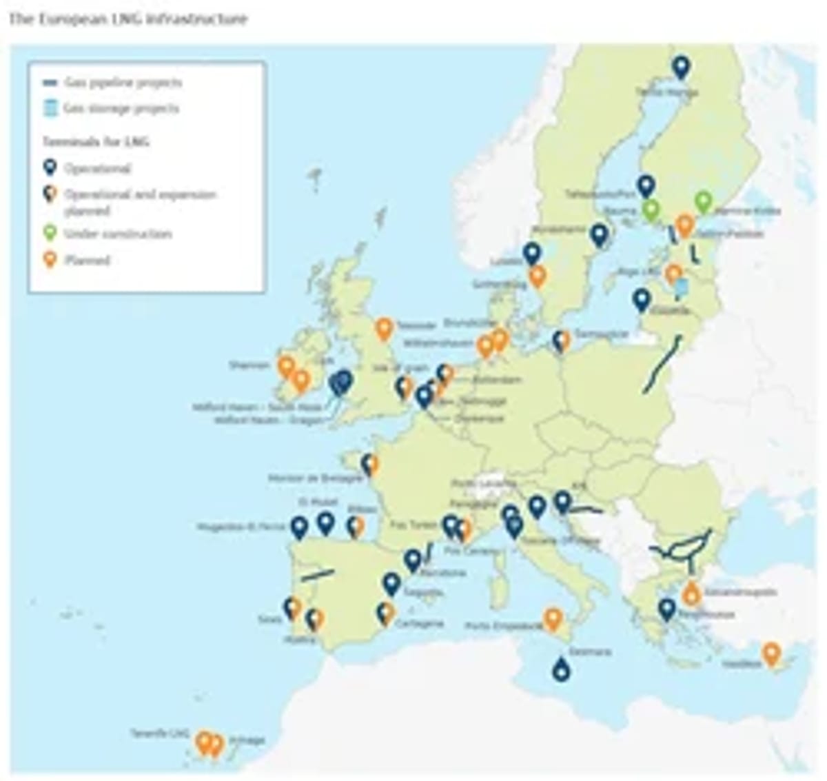 Map of operational and planned LNG import terminals across Europe showing terminal locations