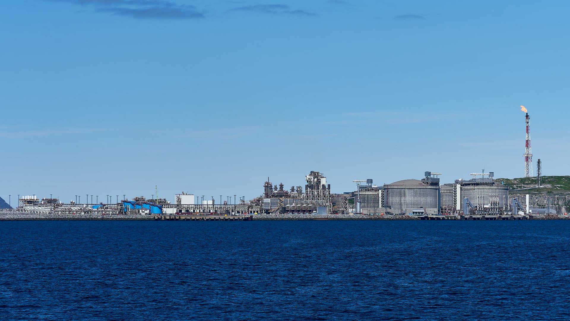 Aerial view of Melkoya LNG terminal near Hammerfest Norway on calm waters