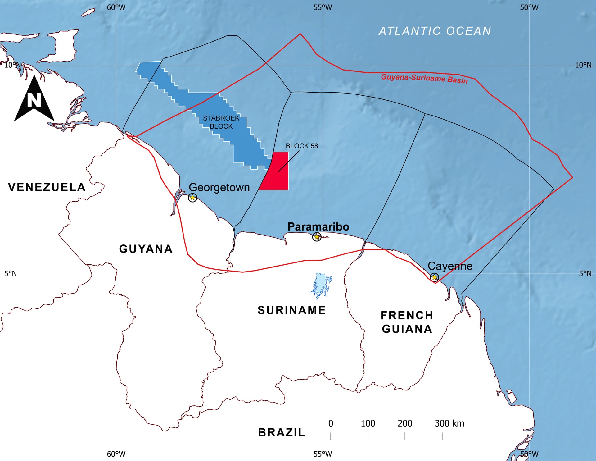 Map of the Stabroek block offshore Guyana and Block 58 in the Guyana-Suriname basin