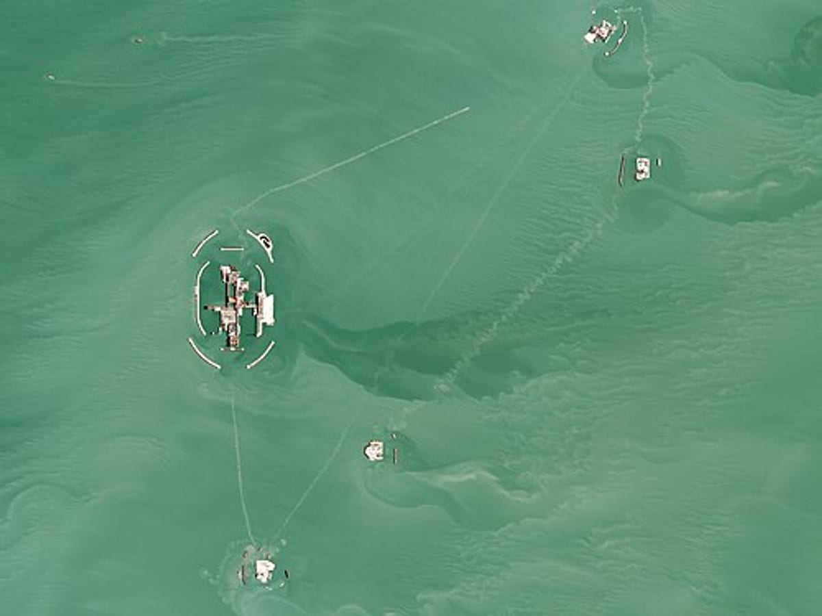 Aerial satellite view of Kashagan oil field artificial islands and production infrastructure in Kazakhstan's Caspian Sea