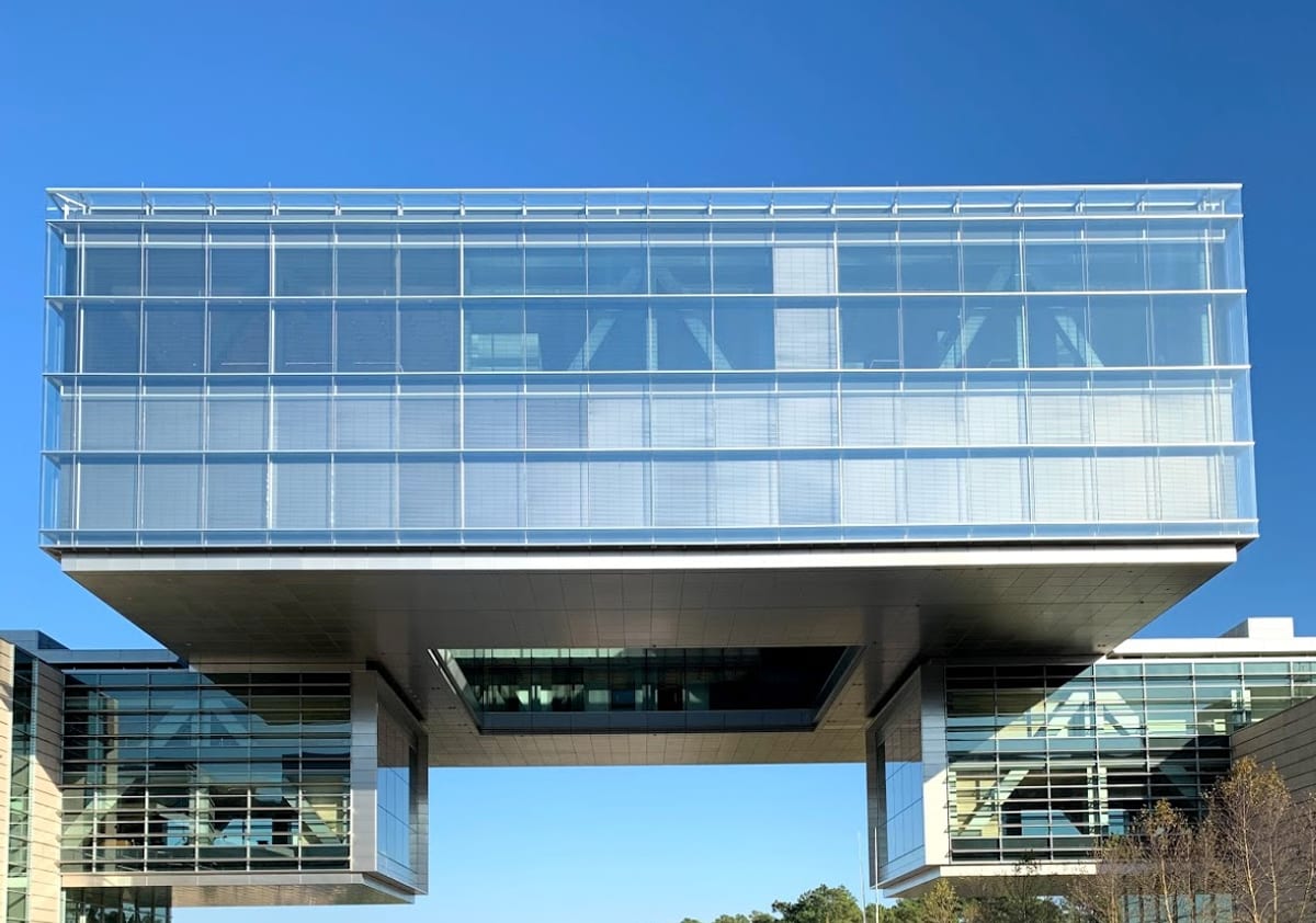 ExxonMobil headquarters floating cube sculpture at Spring Texas corporate campus