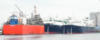 EemsEnergyTerminal floating LNG regasification vessel moored at Eemshaven port in the Netherlands