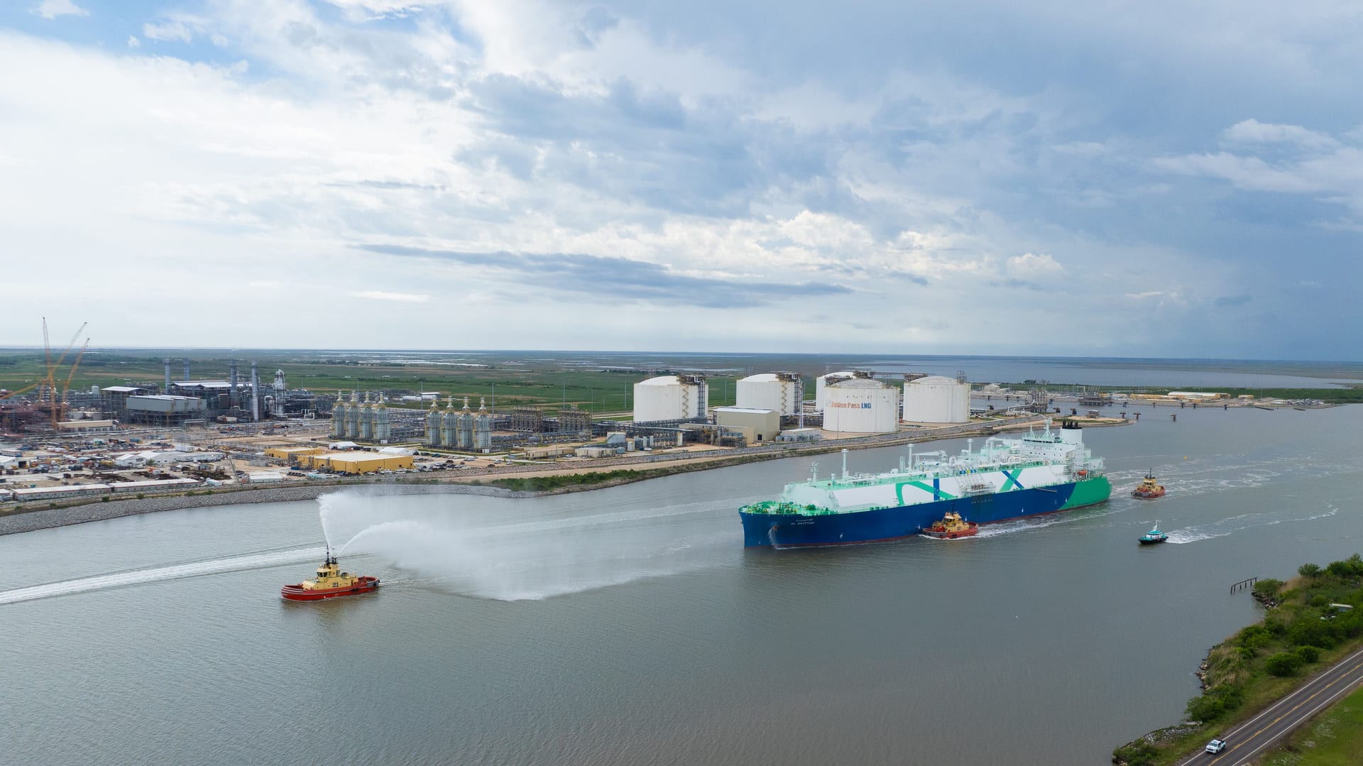 Aerial view of Golden Pass LNG export terminal in Sabine Pass Texas with liquefaction trains