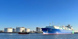 LNG tanker Imsaikah during cool-down operations at Golden Pass terminal, Sabine Pass Texas