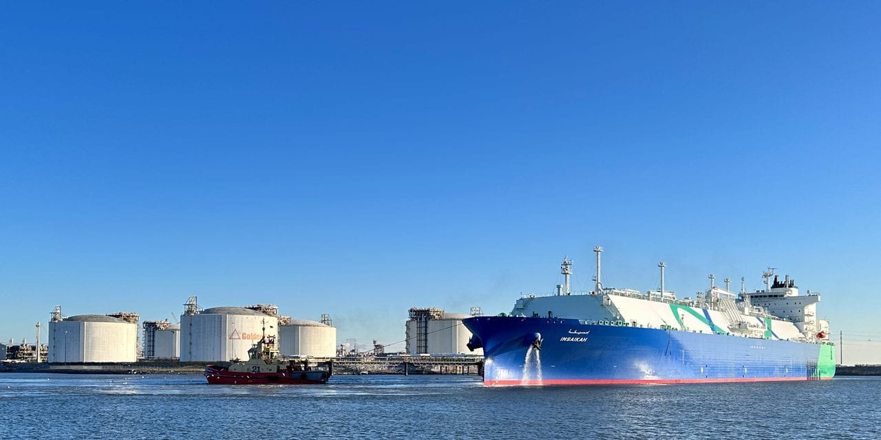LNG tanker Imsaikah during cool-down operations at Golden Pass terminal, Sabine Pass Texas