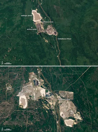 NASA Landsat satellite view of Athabasca oil sands mining operations in Alberta Canada May 2011