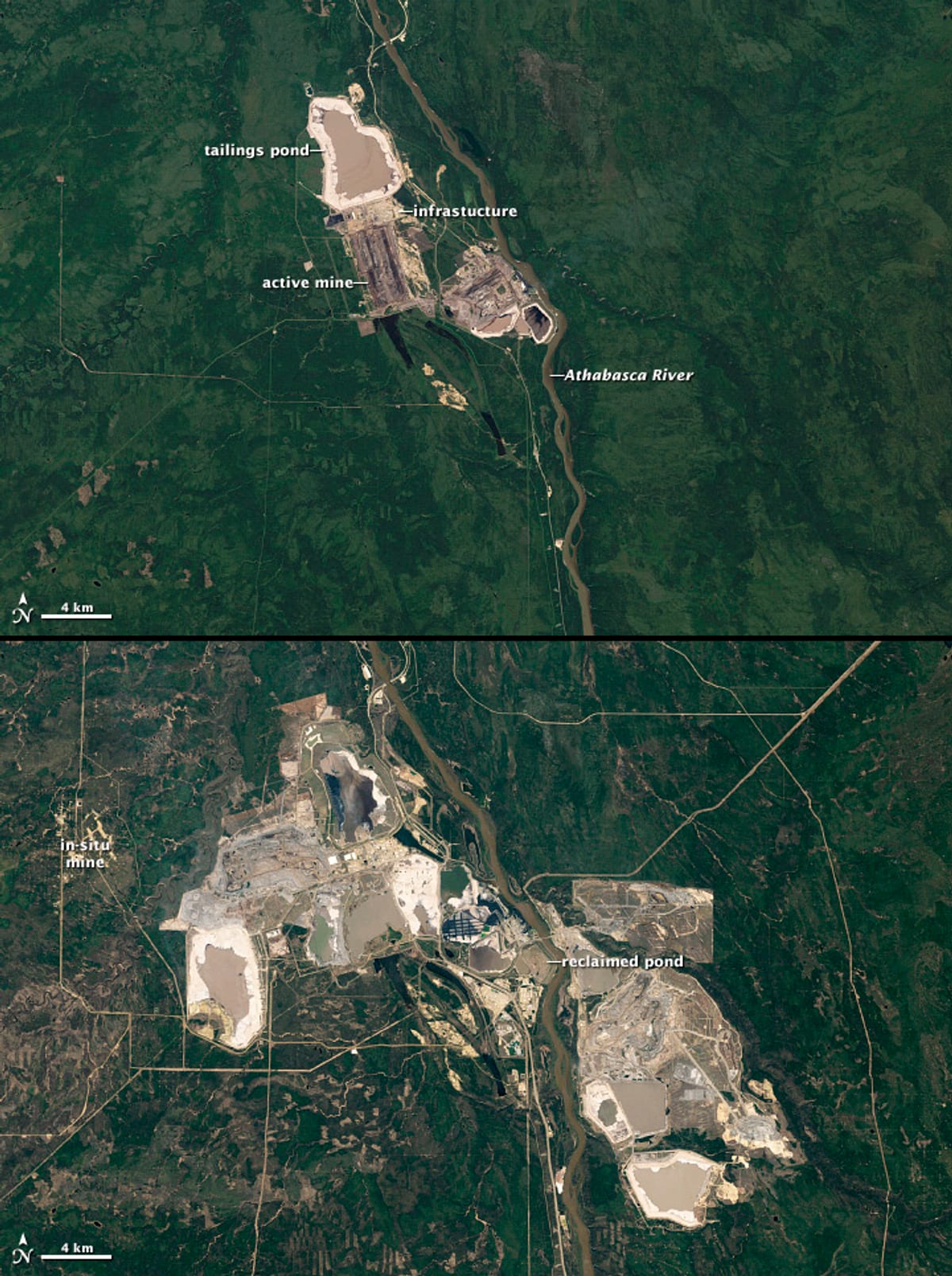 NASA Landsat satellite view of Athabasca oil sands mining operations in Alberta Canada May 2011