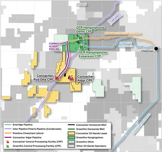 Map showing adjacent Greenfire Hangingstone and Connacher Great Divide oil sands leases in Alberta