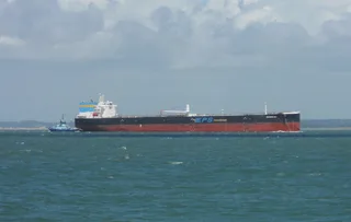 Oil tanker Solomon Sea sailing in the Solent with cargo tanks and bridge visible
