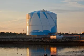 Cylindrical liquefied natural gas storage tank at a National Grid facility in Massachusetts, United States