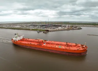 Eagle Kinabalu crude oil tanker docked at Port Arthur Texas terminal photographed from above
