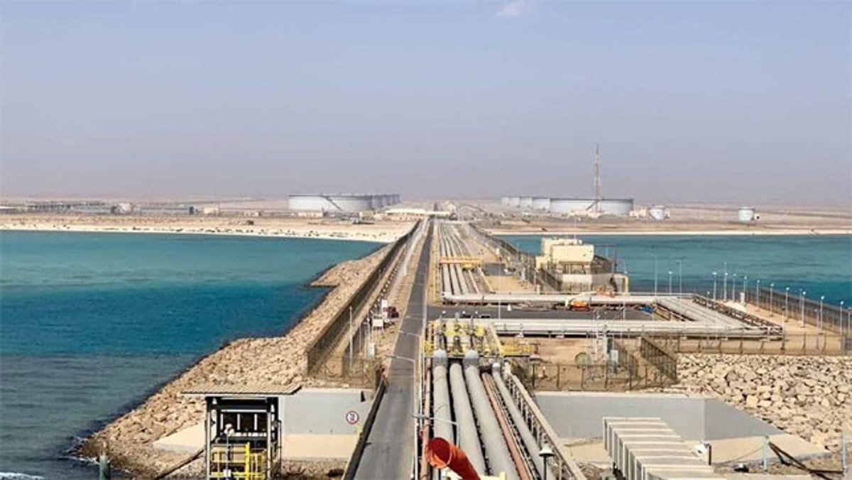 Aerial view of Saudi Aramco Yanbu South Terminal on the Red Sea coast of Saudi Arabia