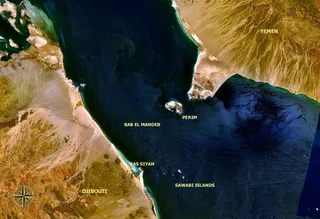 Satellite view of Bab-el-Mandeb Strait between Yemen and Djibouti, gateway to the Red Sea