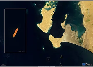 Satellite image of oil tanker navigating near the Yemen coast in the Red Sea