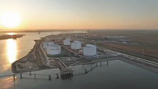 Aerial view of Golden Pass LNG liquefaction terminal construction at Sabine Pass Texas on the Gulf Coast