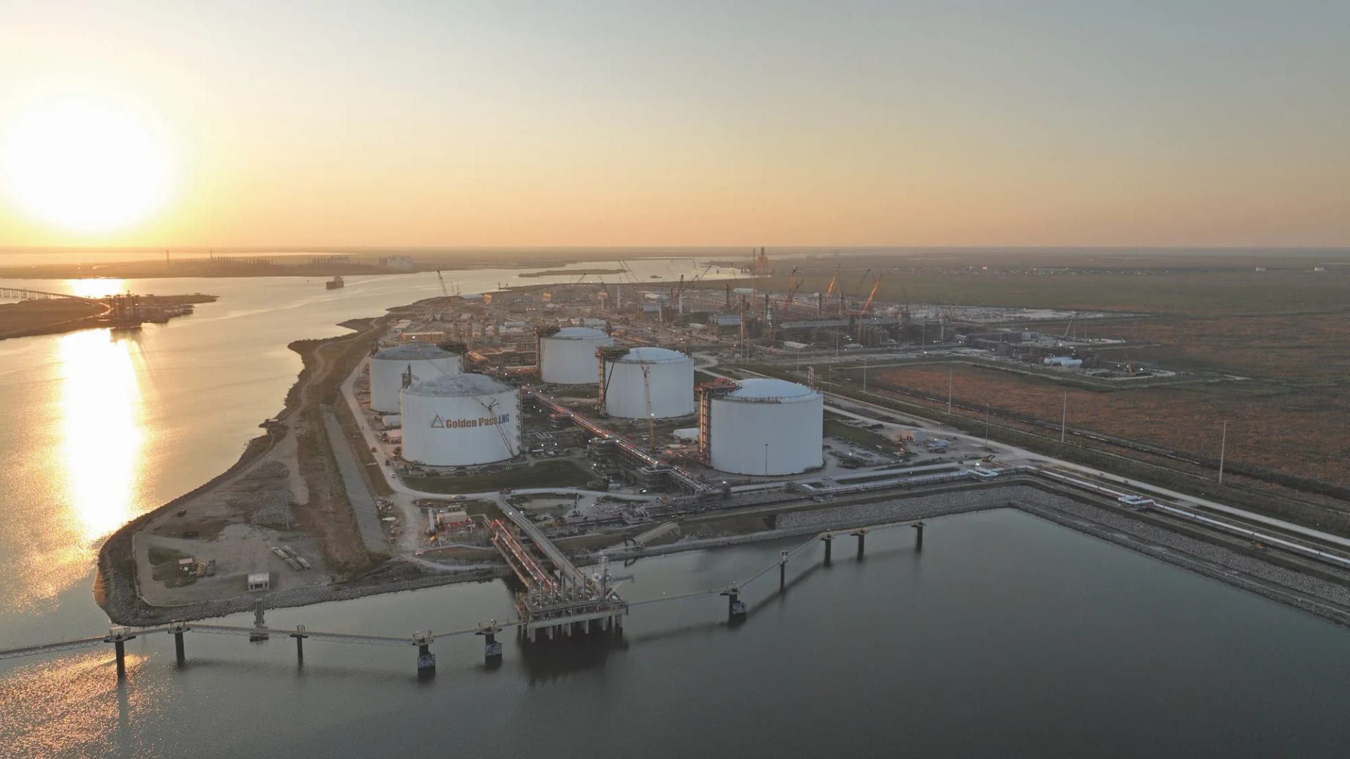 Aerial view of Golden Pass LNG liquefaction terminal construction at Sabine Pass Texas on the Gulf Coast