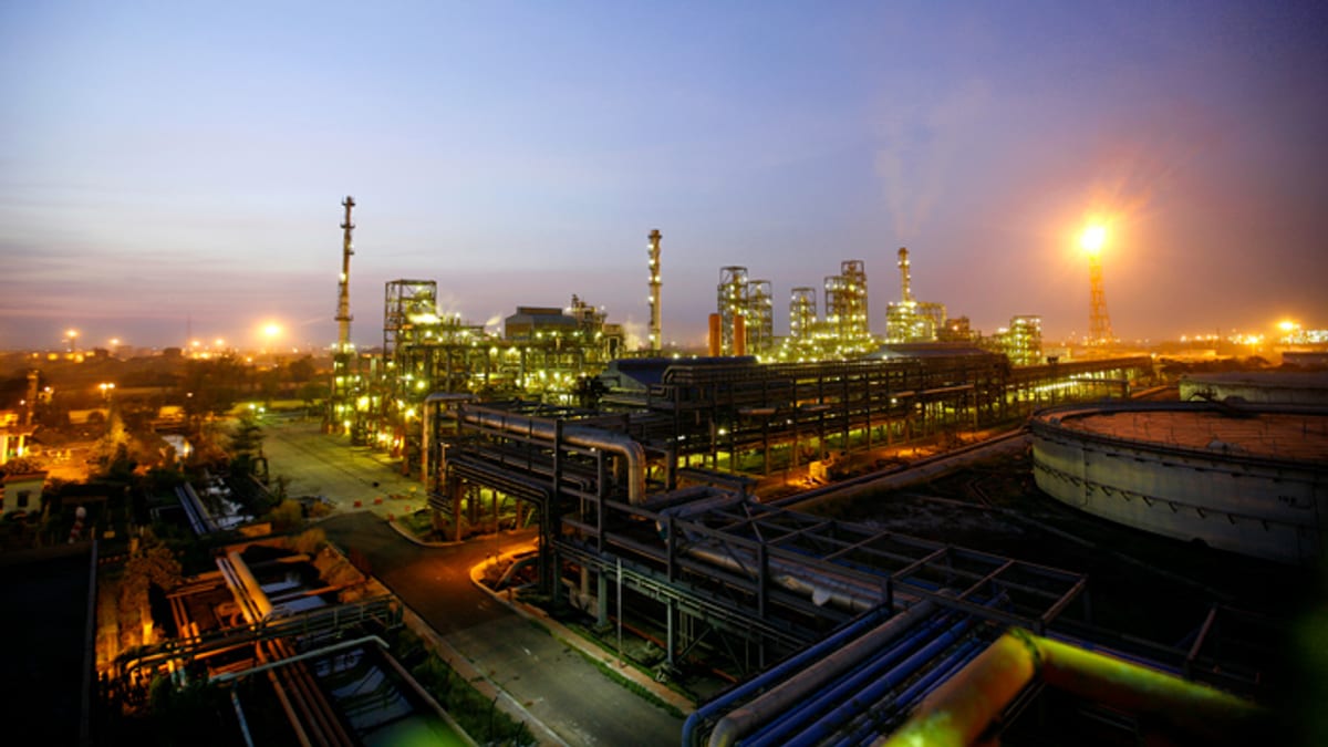 Cooling towers and process units at Indian Oil's Haldia refinery in West Bengal, India