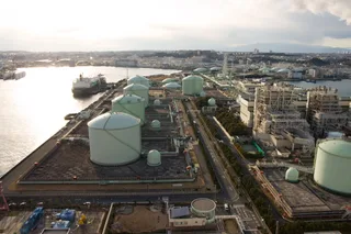 Aerial view of Negishi LNG receiving terminal in Yokohama Japan near Tokyo Bay