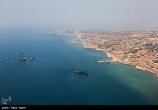 Aerial view of Kharg Island oil export terminal and surrounding Persian Gulf waters, March 2022