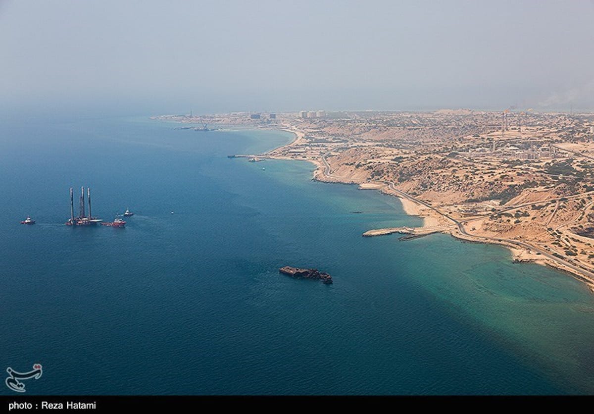 Aerial view of Kharg Island oil export terminal and surrounding Persian Gulf waters, March 2022