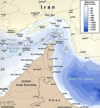 Map of the Strait of Hormuz showing shipping lanes between Iran and the Musandam Peninsula of Oman