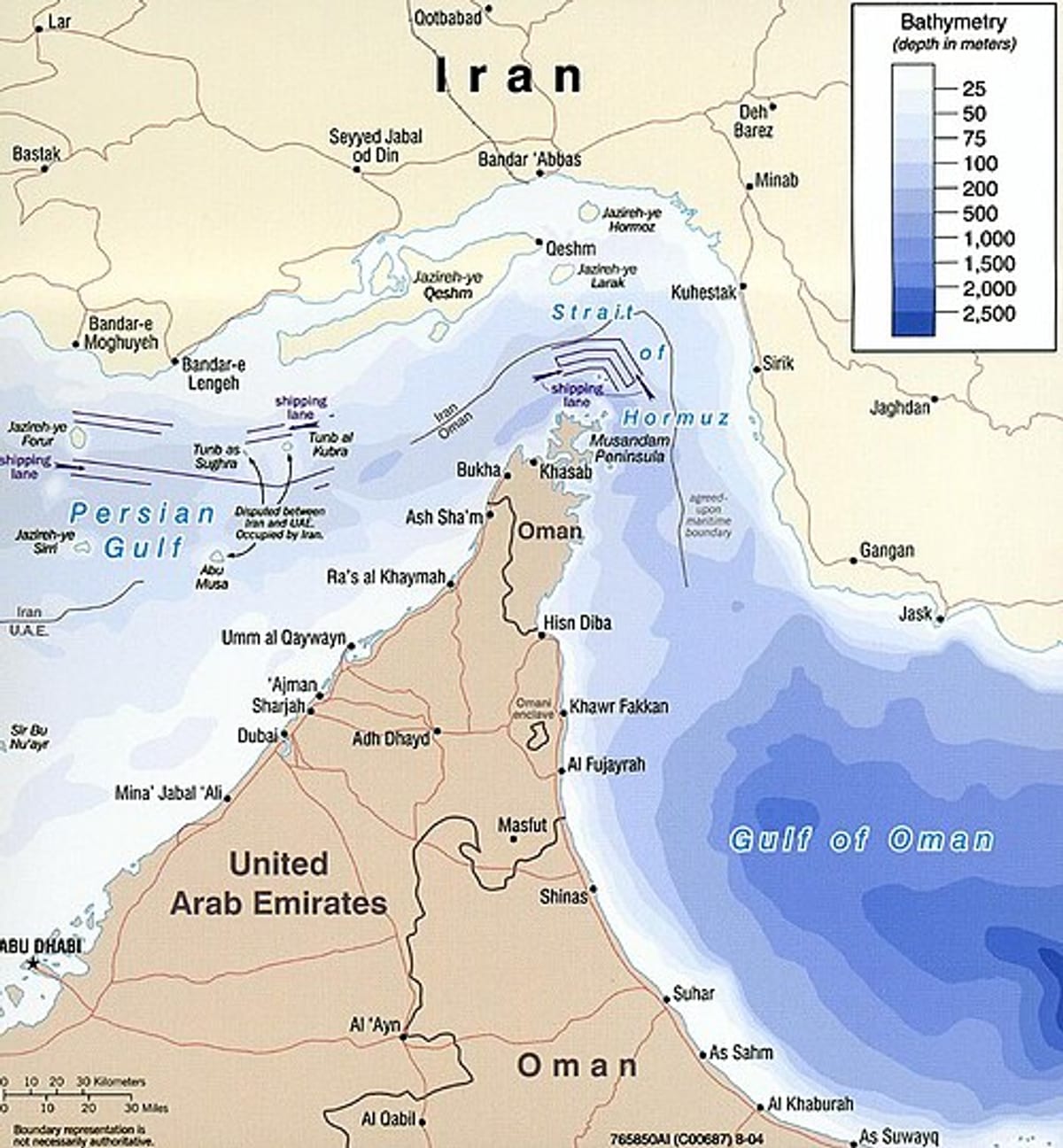 Map of the Strait of Hormuz showing shipping lanes between Iran and the Musandam Peninsula of Oman