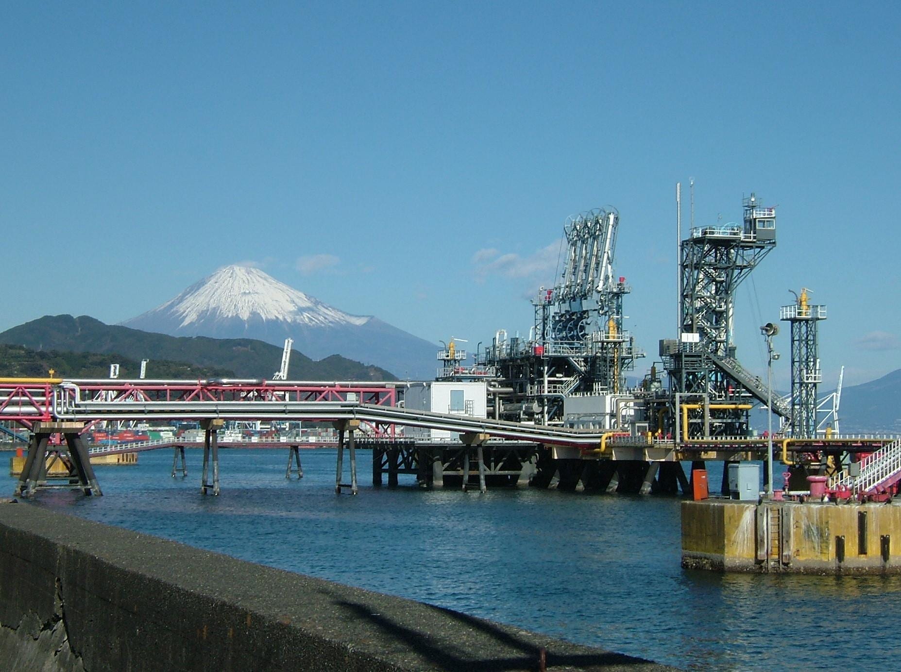 LNG unloading arm at Shimizu port in Japan with Mount Fuji in the background