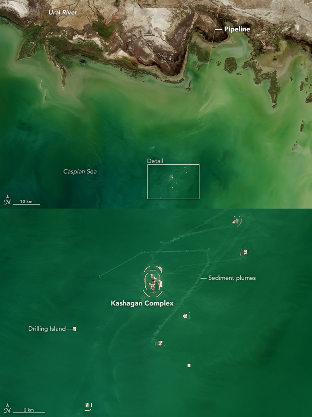 Satellite view of Kashagan oil and gas field in Kazakhstan's northern Caspian Sea