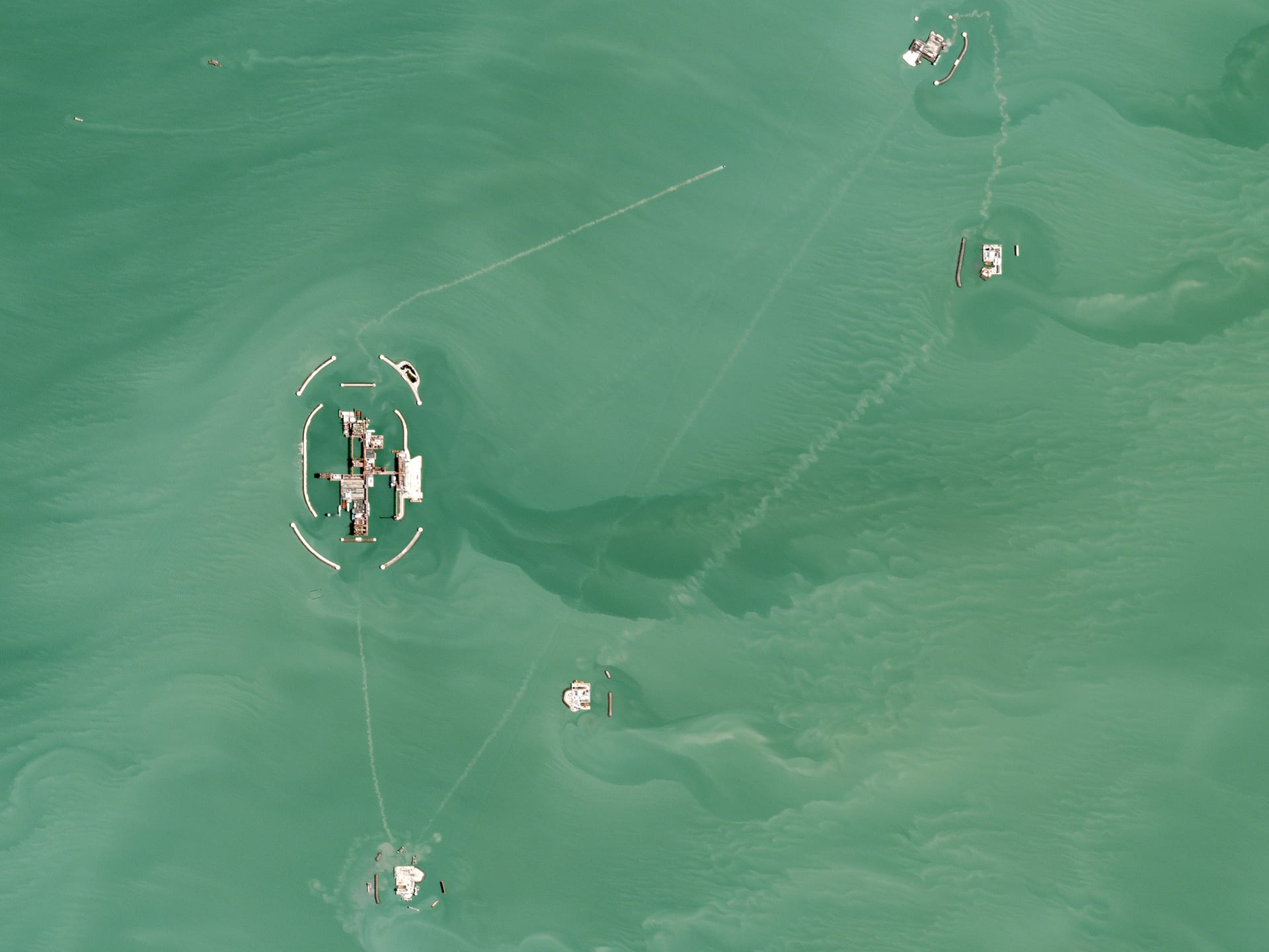 Aerial satellite view of Kashagan oil field infrastructure in the northern Caspian Sea
