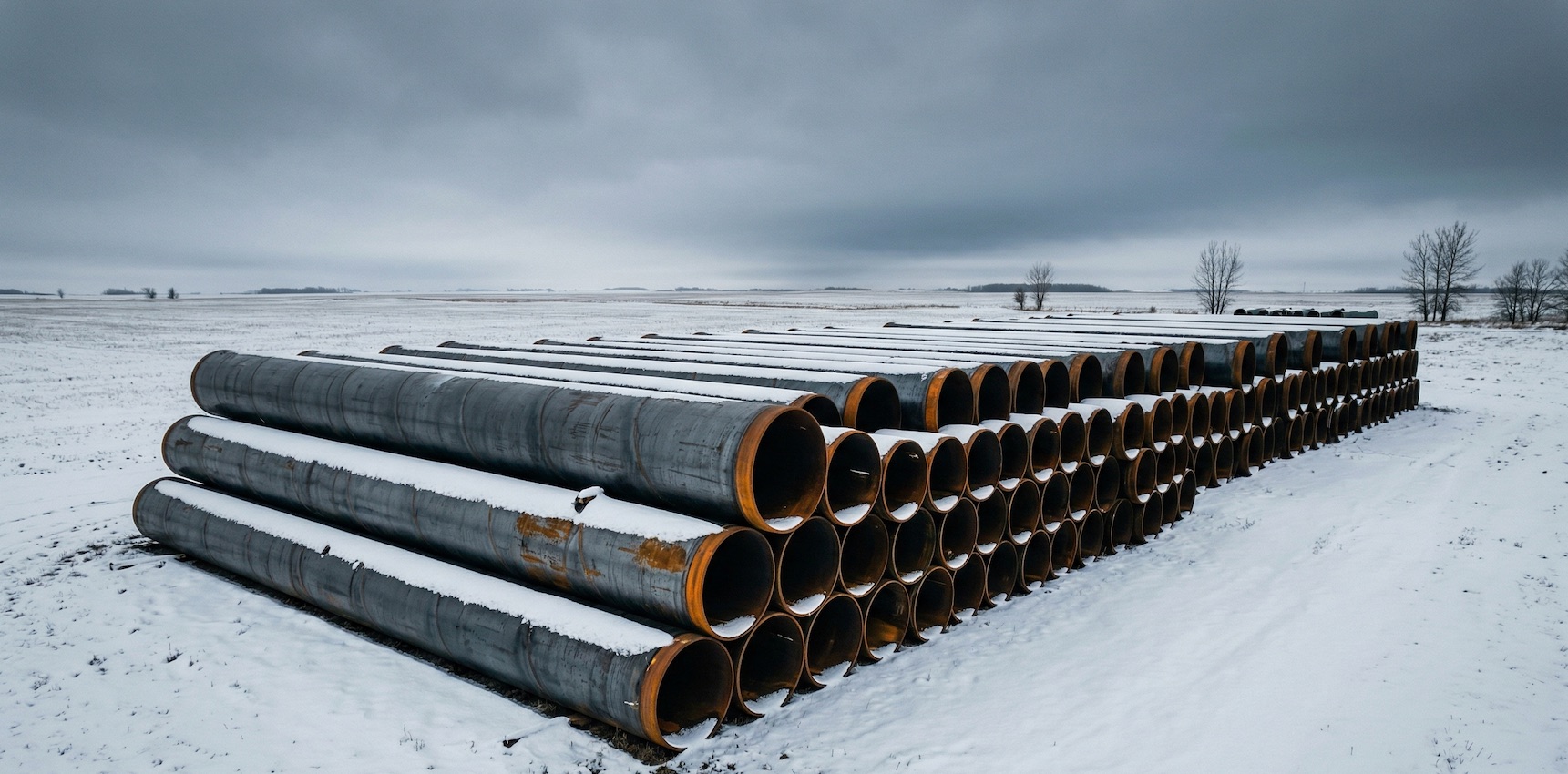 Keystone XL Pipeline Segments Stacked in Winter on the Canadian Prairies