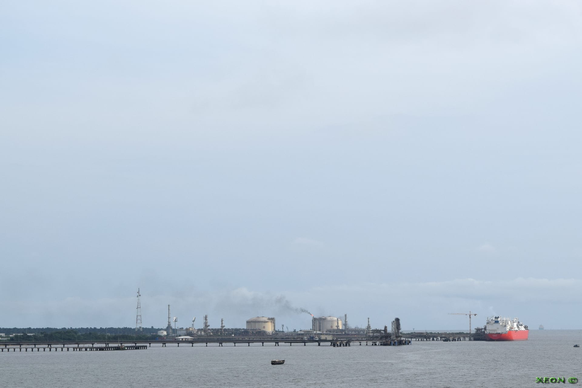 LNG terminal industrial facility on the Bonny River in Rivers State Nigeria with offshore vessels