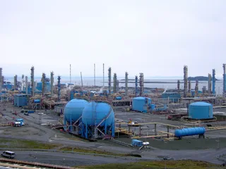 Aerial view of the Kårstø gas processing plant on the Norwegian coast beside the fjord