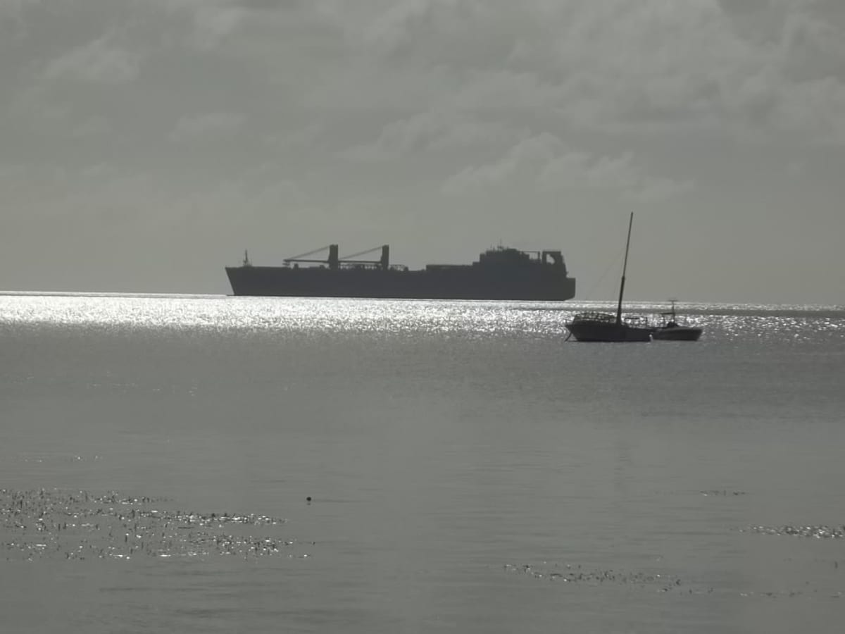 Large oil tanker vessel underway at sea off the coast of Saipan, 2014