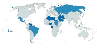 Map showing OPEC and OPEC+ member countries across the Middle East, Africa, and Eurasia